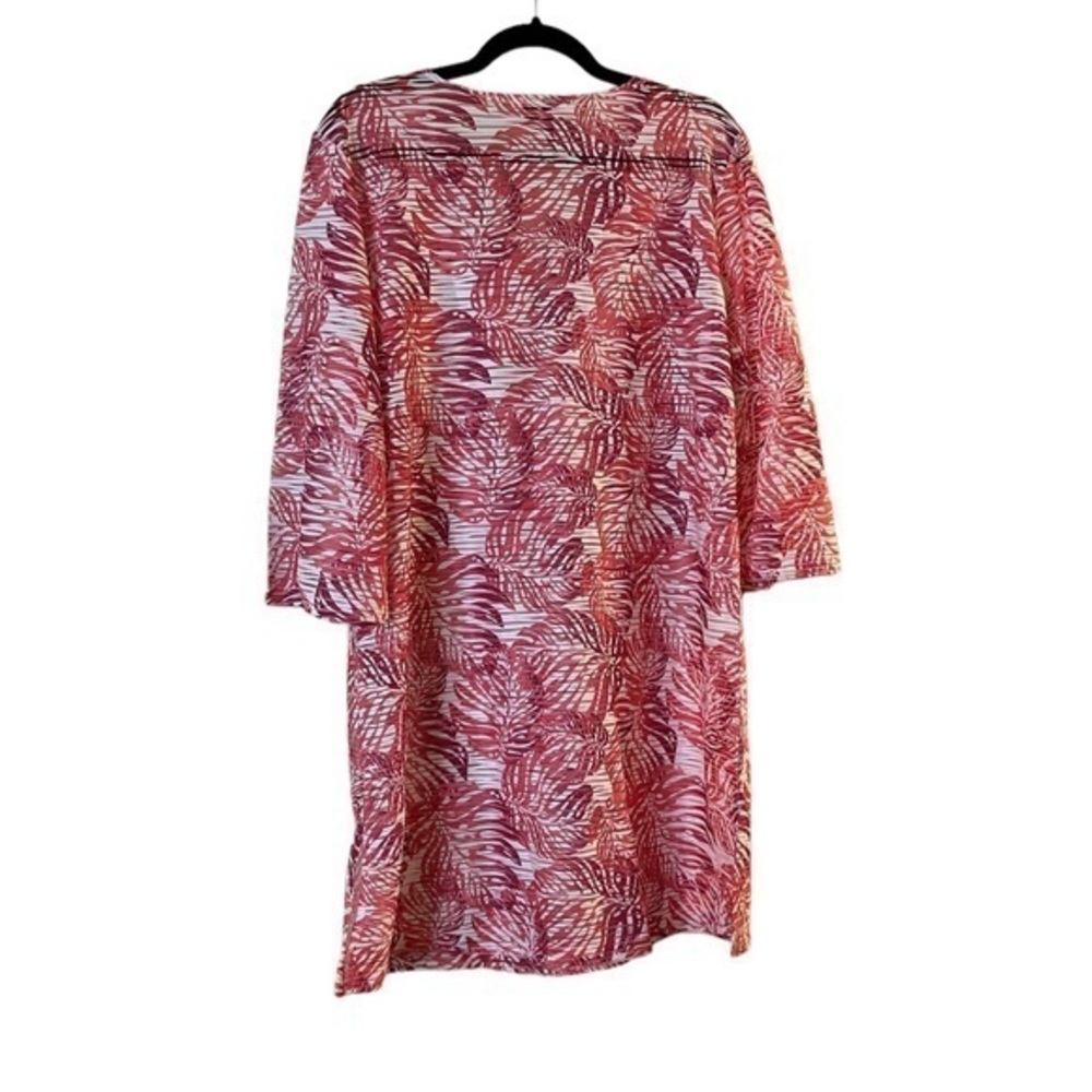 Portacruz Pink & White Monstera Leaf w/Sheer Stripes Swim Beach Pool Cover-up